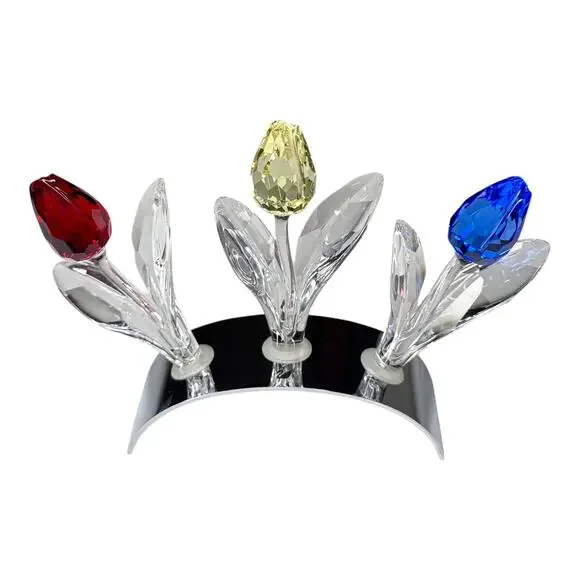 Swarovski Crystal 3 TULIP FLOWERS & DISPLAY STAND Holder Red Yellow Blue 3-1/2